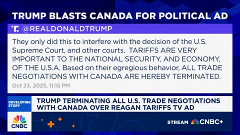 President Trump says U.S. terminating trade negotiations with Canada over Reagan tariff TV ad