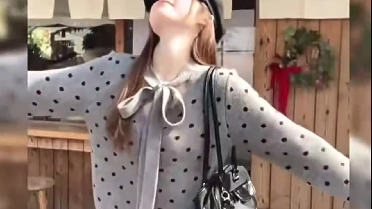 Classic Gray Polka-Dot Knit with Bow Tie Collar for an Elegant Everyday Look