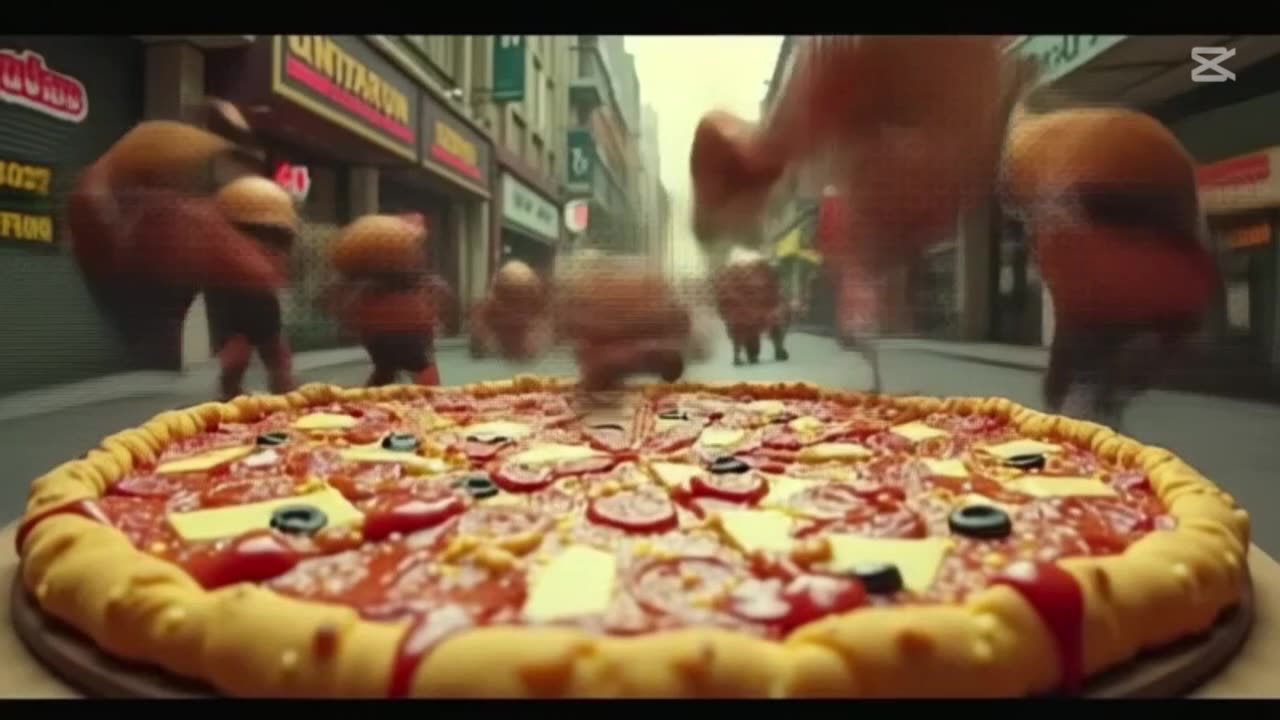 Giant pizza fights robot burgers using cheese swords!