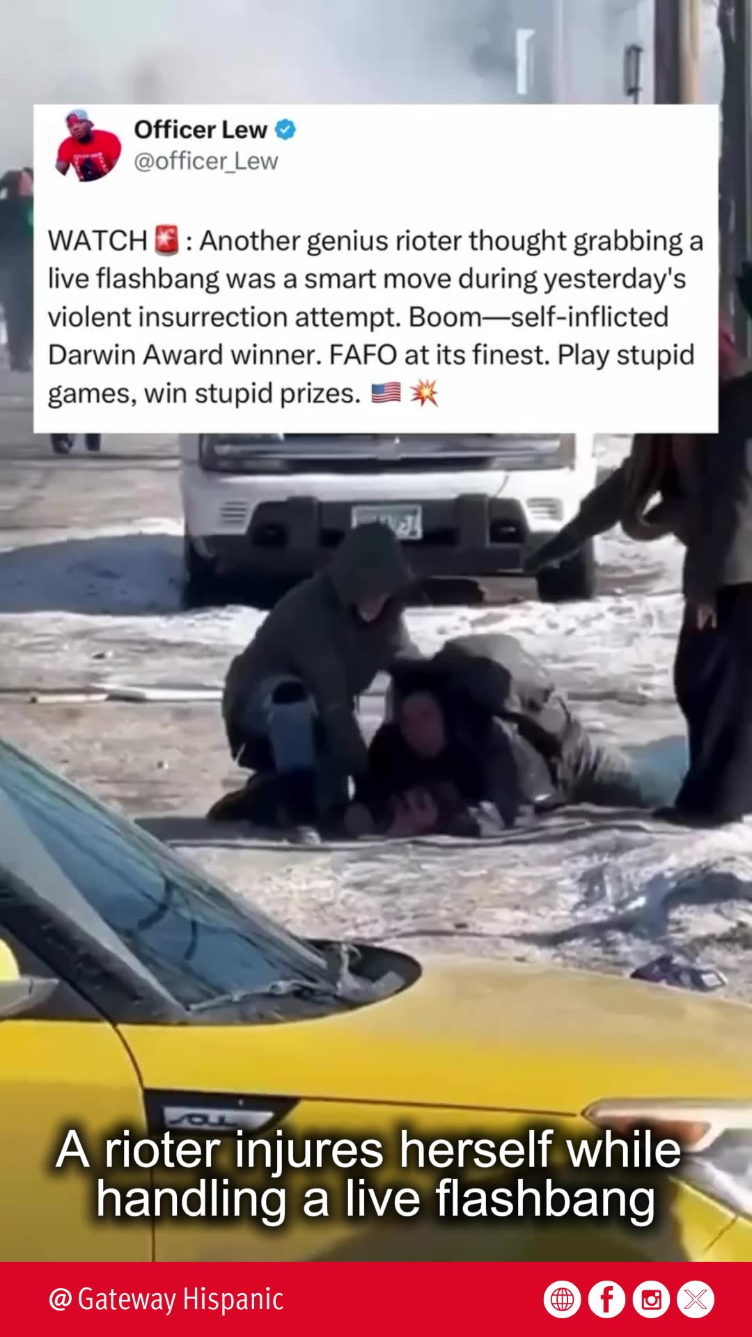 A rioter injures herself while handling a live flashbang (VIDEO)