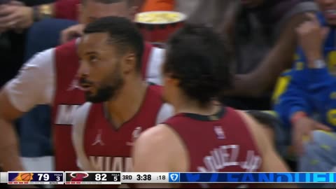 Bam Adebayo has to hold Norman Powell back from Dillon Brooks after pushed to ground