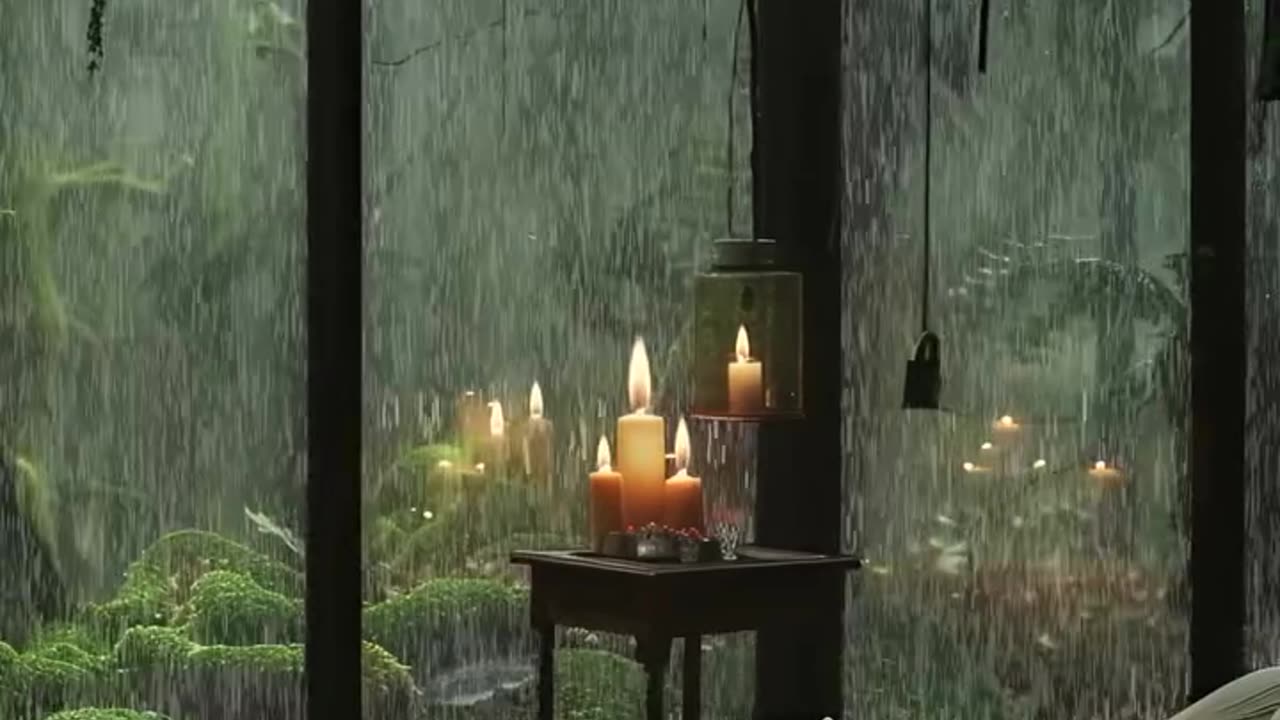 A Rainy scene through the window, luxury glowing