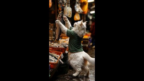 cat stealing fish at the market