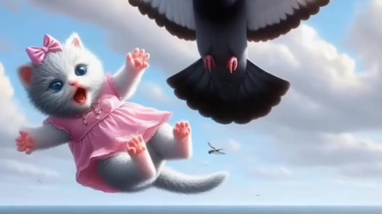 A pigeon and a innocent kitten