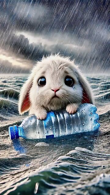 📹 A little rabbit floating in the middle of a heavy rainstorm