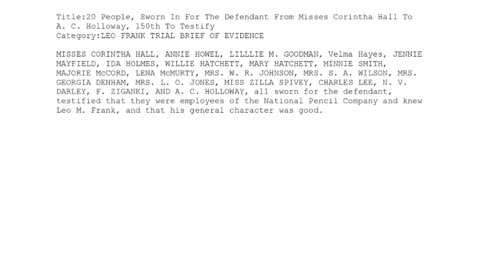 20 PEOPLE, Sworn In For The Defendant, From Misses Corintha Hall to A. C. Holloway, 150th To Testify