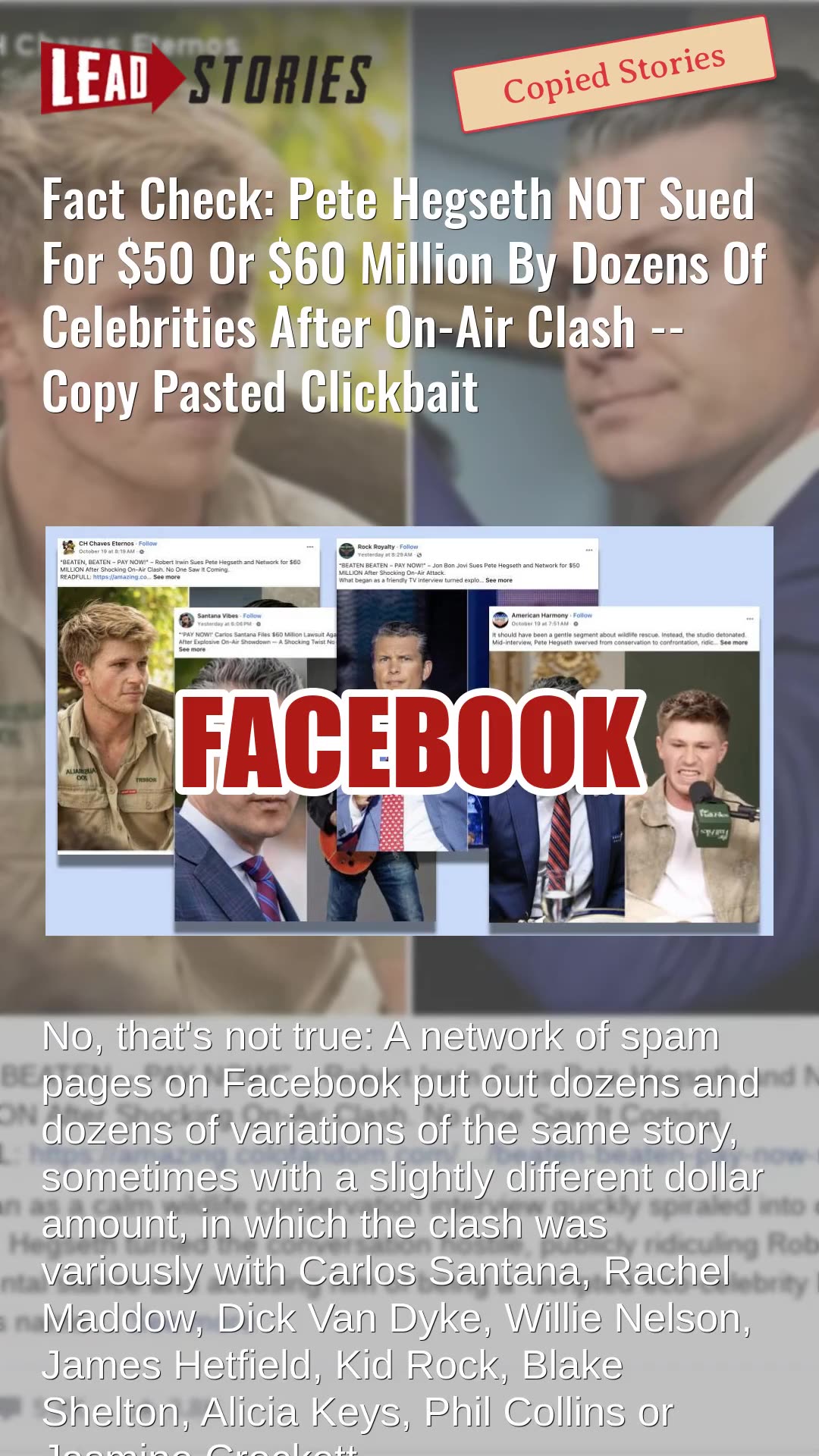 Fact Check: Pete Hegseth NOT Sued For $50 Or $60 Million By Dozens Of Celebrities After On-Air Clash