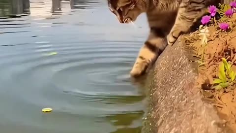 A cat uses high intelligence to imitate insects falling into the water to fish