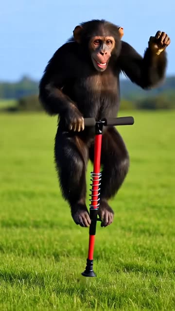 Chimp riding a Pogo Stick