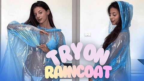 Light Blue Raincoat Try On [4K USA]
