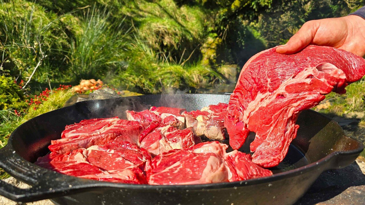 GIANT STEAK FEAST in the WILD 🔥🥩 | Primitive ASMR Cooking & Relaxing Nature Sounds
