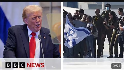 Hostages reunited with families as Trump greeted with cheers in Israeli parliament | BBC News
