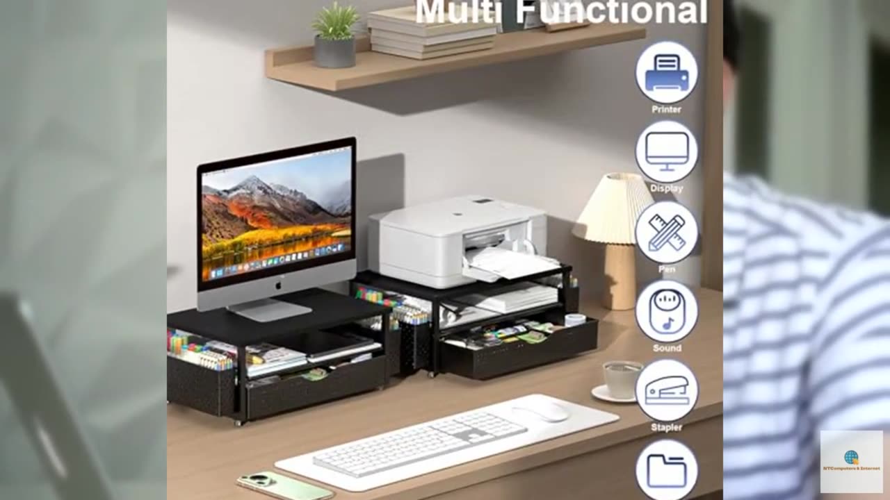 Desk Organizer and Accessories, Computer Monitor Stand Riser with Drawer and 2 P