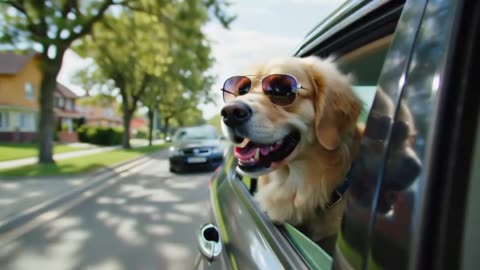 Funny dog in sunglasses looks out of the window of a car
