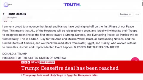Donald Trump says Israel and Hamas agree to first phase of Gaza peace plan _ BBC News
