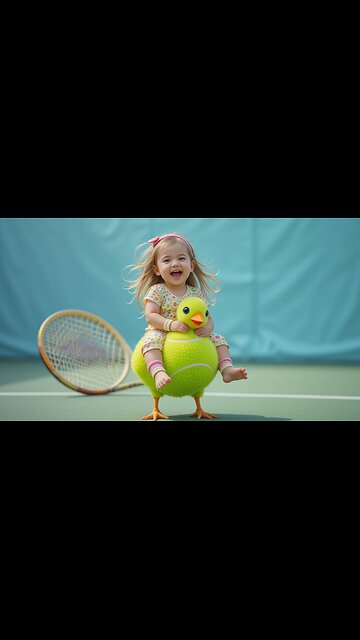 Joyful Baby Rides a Chick on the Tennis Court! 🐥🎾😊