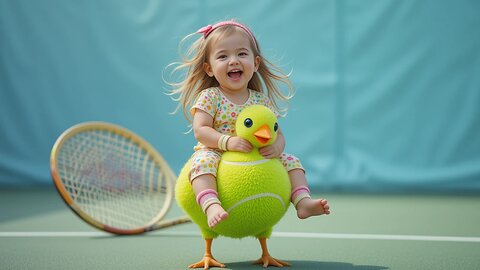 Joyful Baby Rides a Chick on the Tennis Court! 🐥🎾😊