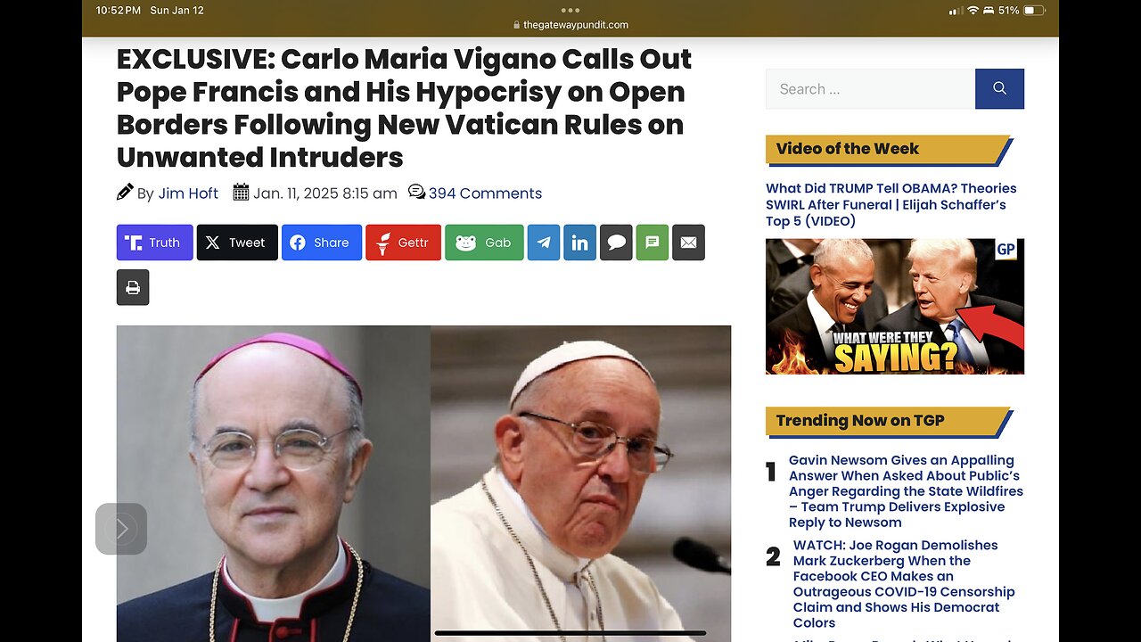 Carlo Vigano Calls Out Pope Francis and His Hypocrisy on Open Borders Following New Vatican Rules