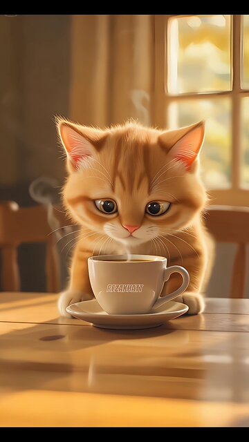 The cat just discovered the aroma of hot coffee