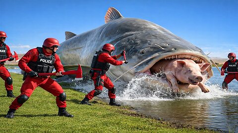 heroic rescue team saves a lone piglet in the desert from an attack by a giant catfishv🐷🐟