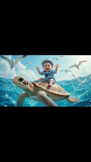 Joyful Baby Rides a Turtle in an Underwater Wonderland