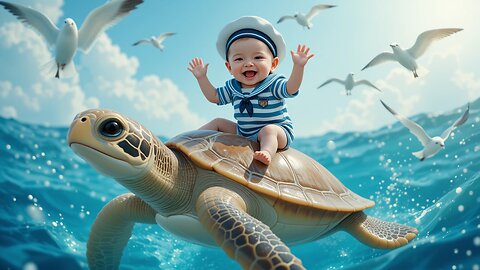 Joyful Baby Rides a Turtle in an Underwater Wonderland