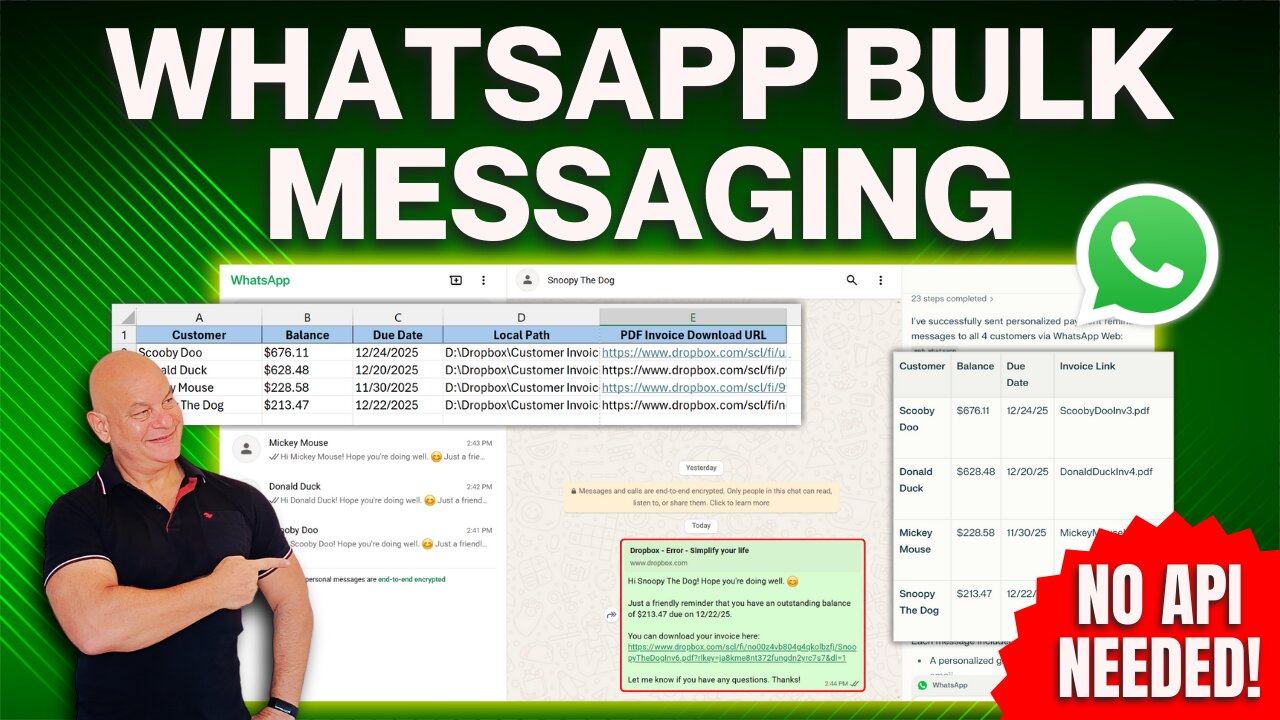 Send Bulk WhatsApp Messages & Downloadable PDF Invoices from Excel Data For FREE