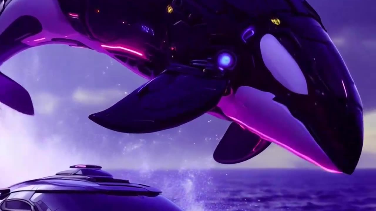 Cyborg orca leaping over a stationary futuristic boat