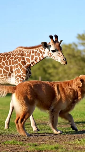 Golden Retriever playing with Baby Giraffe