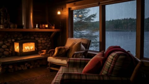 Cozy Cabin - Rain and Fireplace Sounds At Cozy Porch | Relaxing Rainy Tropical Forest Ambience |