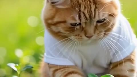 😍💕chubby orange cat in a white T-shirt plants a seedling❤️