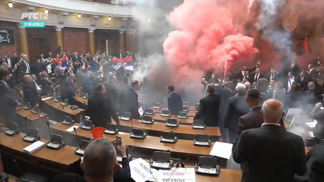 Chaos erupted in the Serbian parliament moments ago.