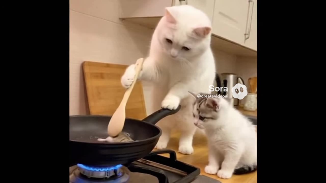 White chef cat cooking mouse