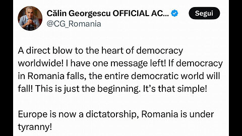 ORA L'EUROPA È -🛑ANCHE UFFICIALMENTE- 🛑UNA DITTATURA - “IN ROMANIA L'UFFICIO ELETTORALE HA 🛑RESPINTO LA CANDIDATURA DI CALIN GEORGESCU, 🛑IL QUALE NON POTRÀ PRENDERE PARTE ALLE PROSSIME ELEZIONI PRESIDENZIALI!! PROTESTE IN PIAZZA!