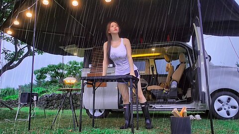 ☔️On a rainy day, I made a car coffee bar in the yard and had a glass of peanut makgeolli