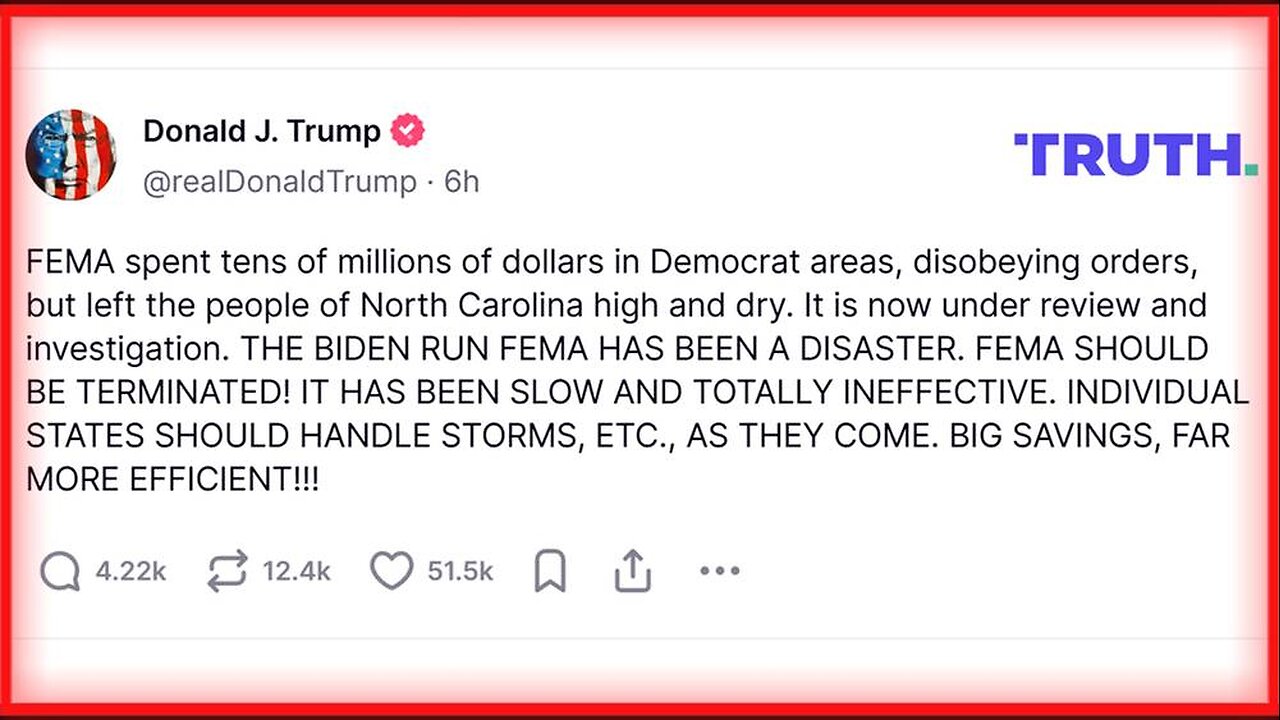 Trump Calls For FEMA to Be ‘TERMINATED’ After Top Official Caught