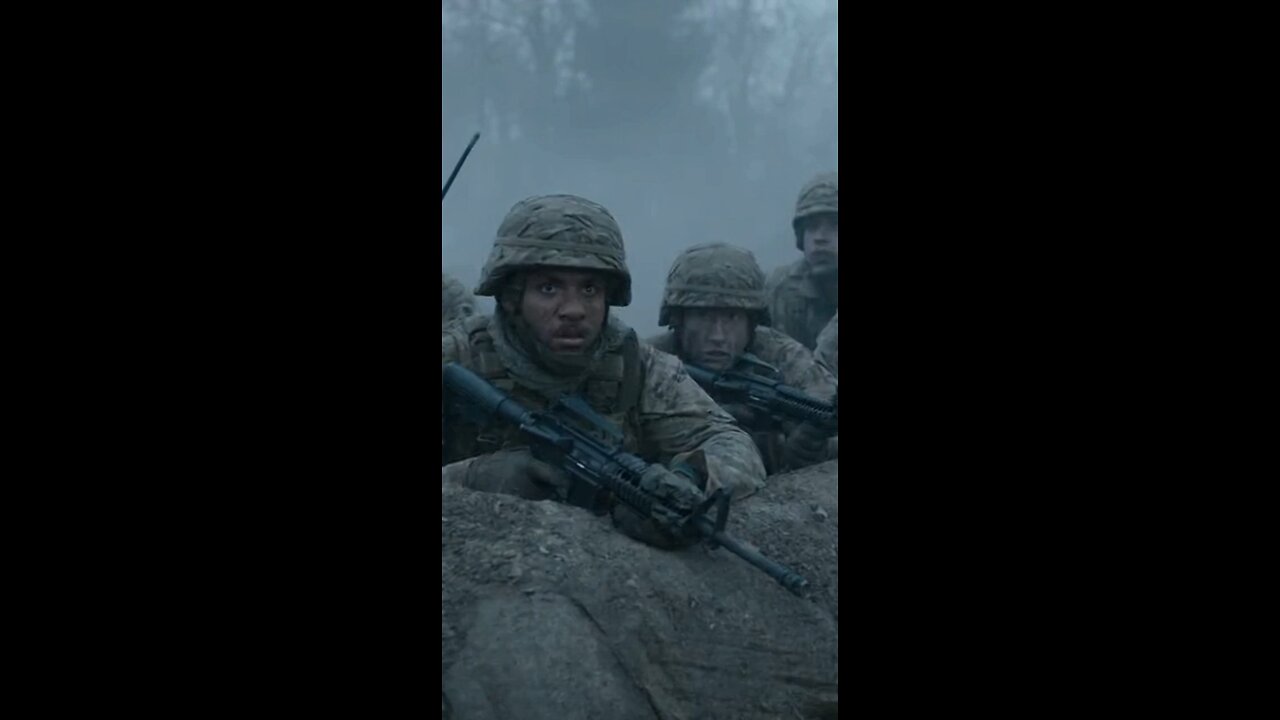 Soldiers waiting on the front line in the fog and suddenly in the fog appears a scary clown