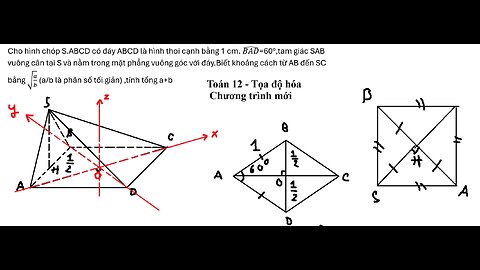 Toán 12: Tọa độ hóa: Cho hình chóp S.ABCD có đáy ABCD là hình thoi cạnh bằng 1 cm. (BAD) ̂=60°,