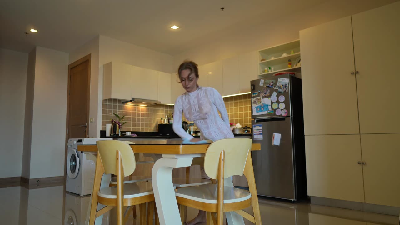 Transparent Cleaning kitchen table with white dress