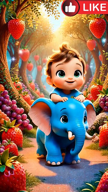 Cute baby enjoys riding an elephant after getting bored of eating fruit AI generate cartoon video