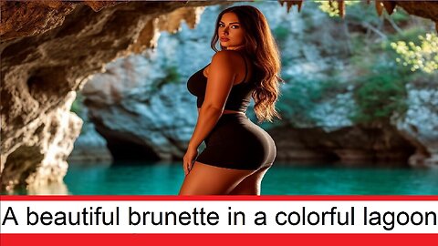 A beautiful brunette in a colorful lagoon is breathing in the air