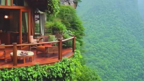 Cliffside Cabin with Lush Greenery.