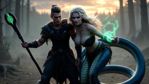 Serpent Enchantress Ensnares the Dark Warrior in the Moonlit Grove, AI Video