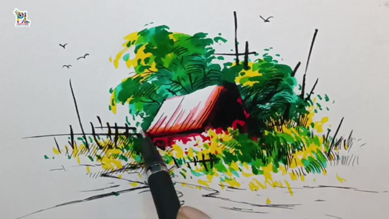 Scenery Art with brush pen sketches || Easy Nature art
