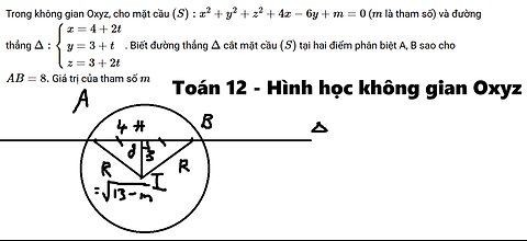 Toán 12: Trong không gian Oxyz, cho mặt cầu (S):x2+y2+z2+4x−6y+m=0 (m là tham số) và đường thẳng