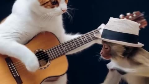 Cat and monkey are singing and dancing