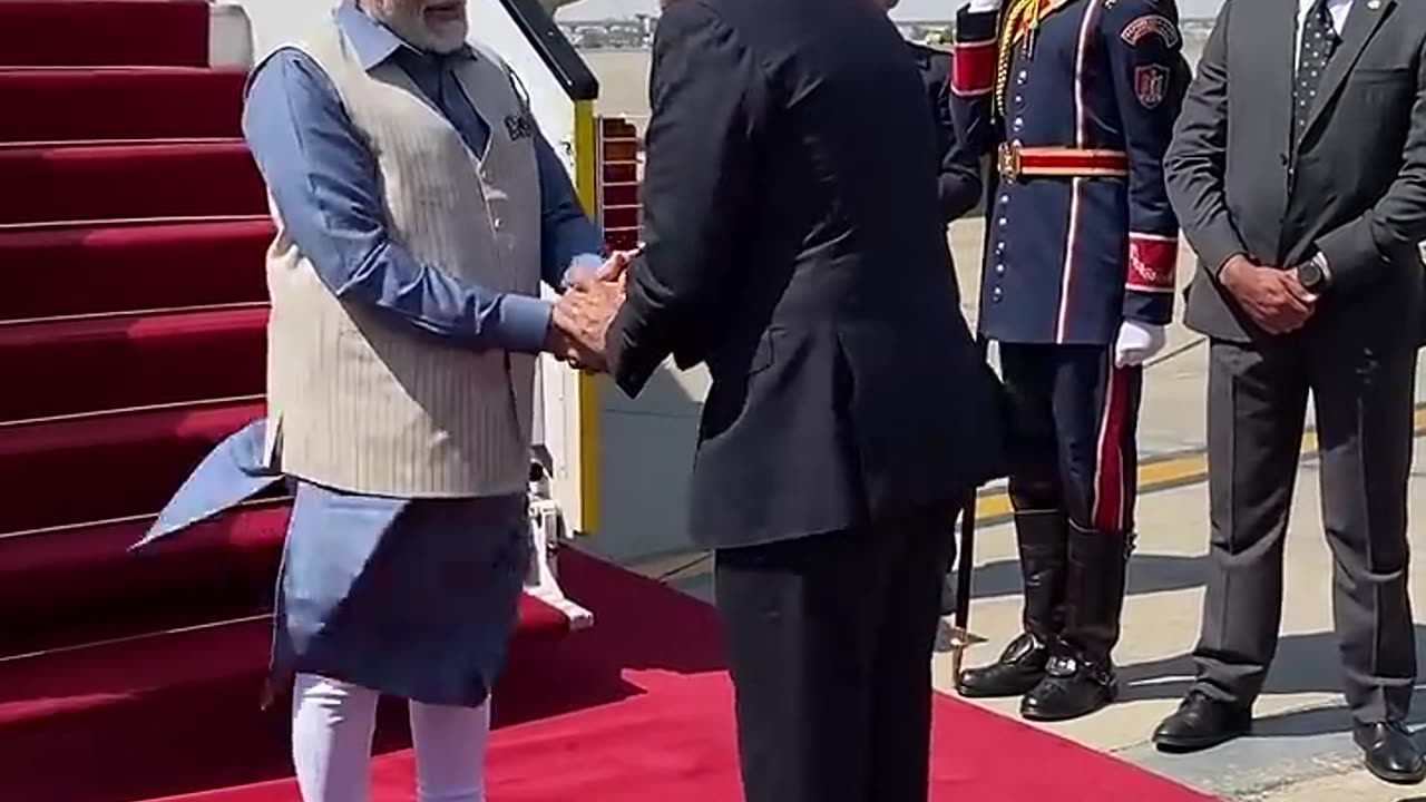 Prime Minister of Egypt receives PM Modi upon his arrival in Cairo