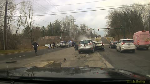 Dashcam shows suspect apprehended after crashing stolen car into another vehicle during pursuit