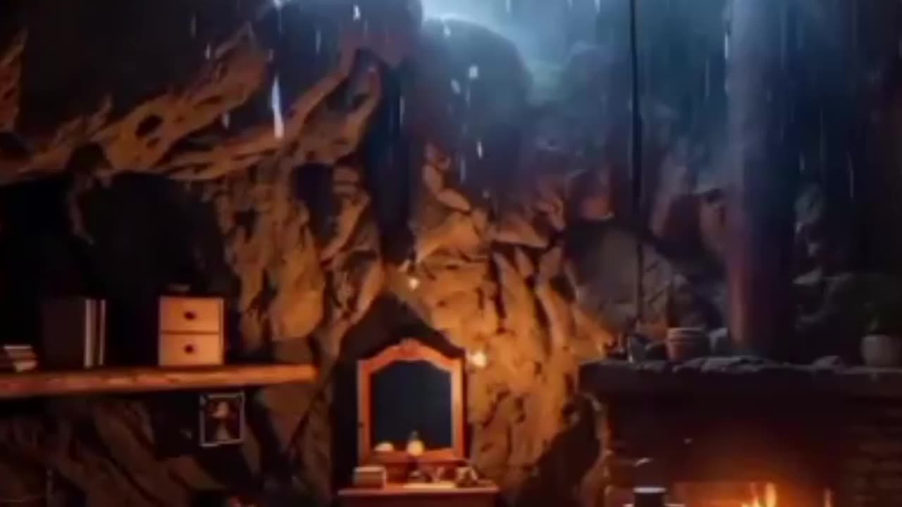 Cinematic cave mountain resort.