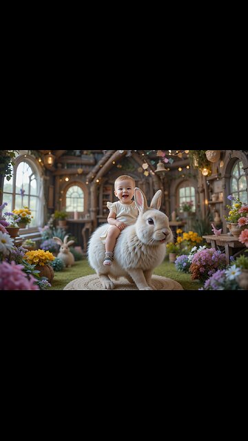 Baby Riding a Giant Bunny in a Flower Wonderland! 🐰🌸😄